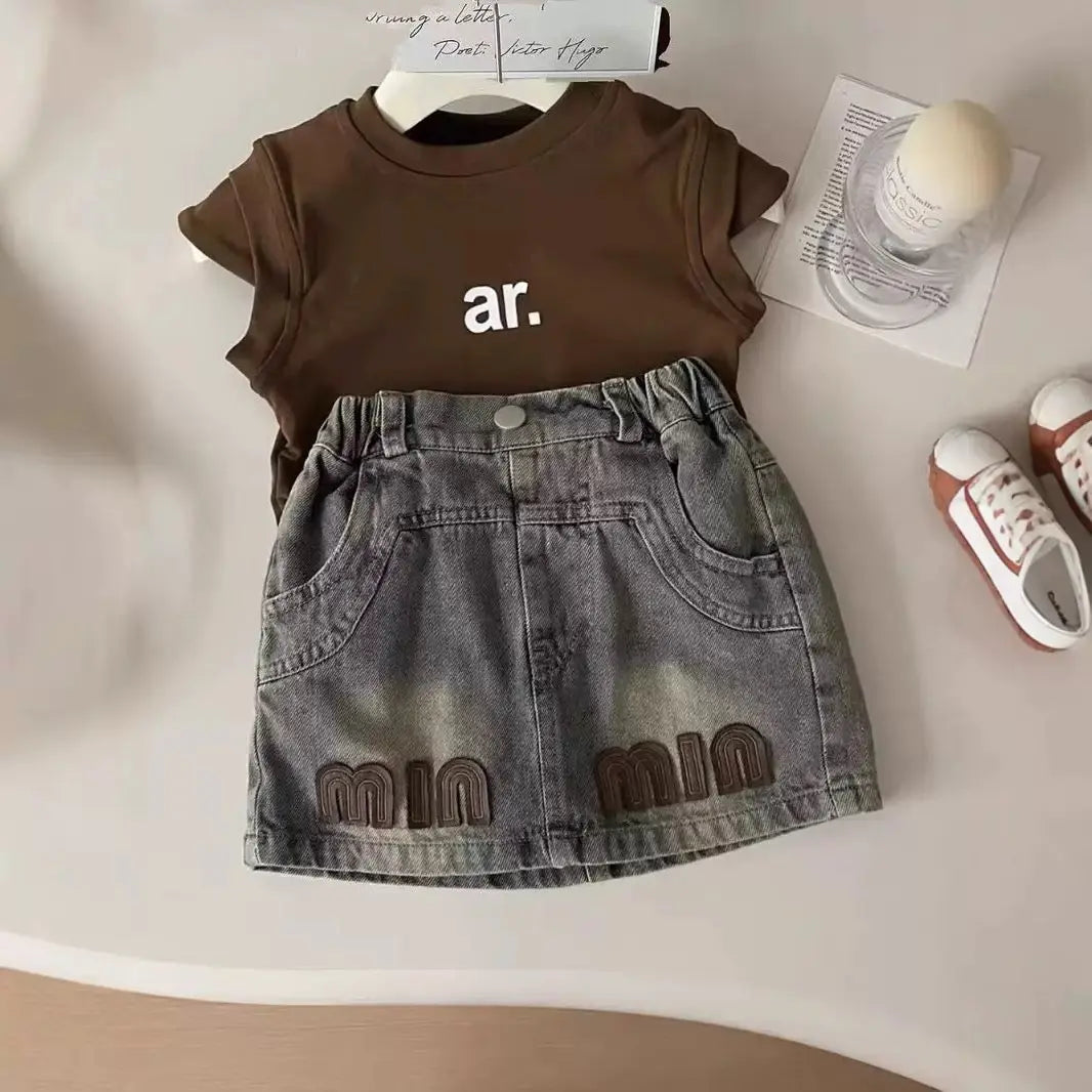 Girls Typographic Top And Denim Skirt