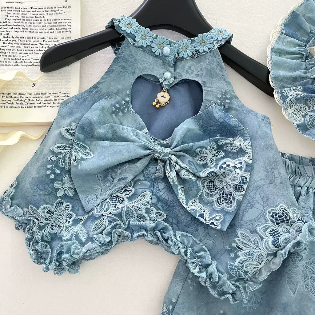Girls Blue Floral Print Sleeveless Top & Shorts Co-ord Set With Hat