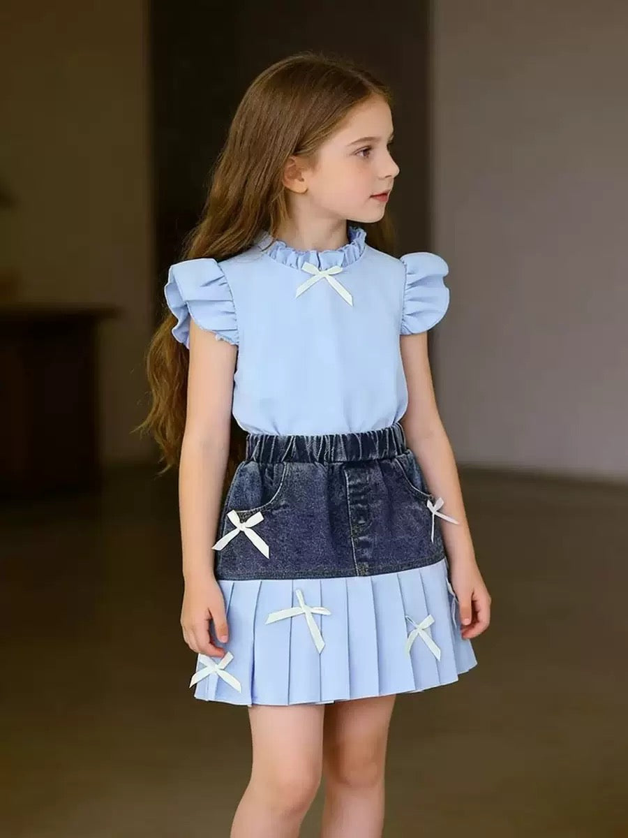 Girls Blue Bow Detail Top & Skirt