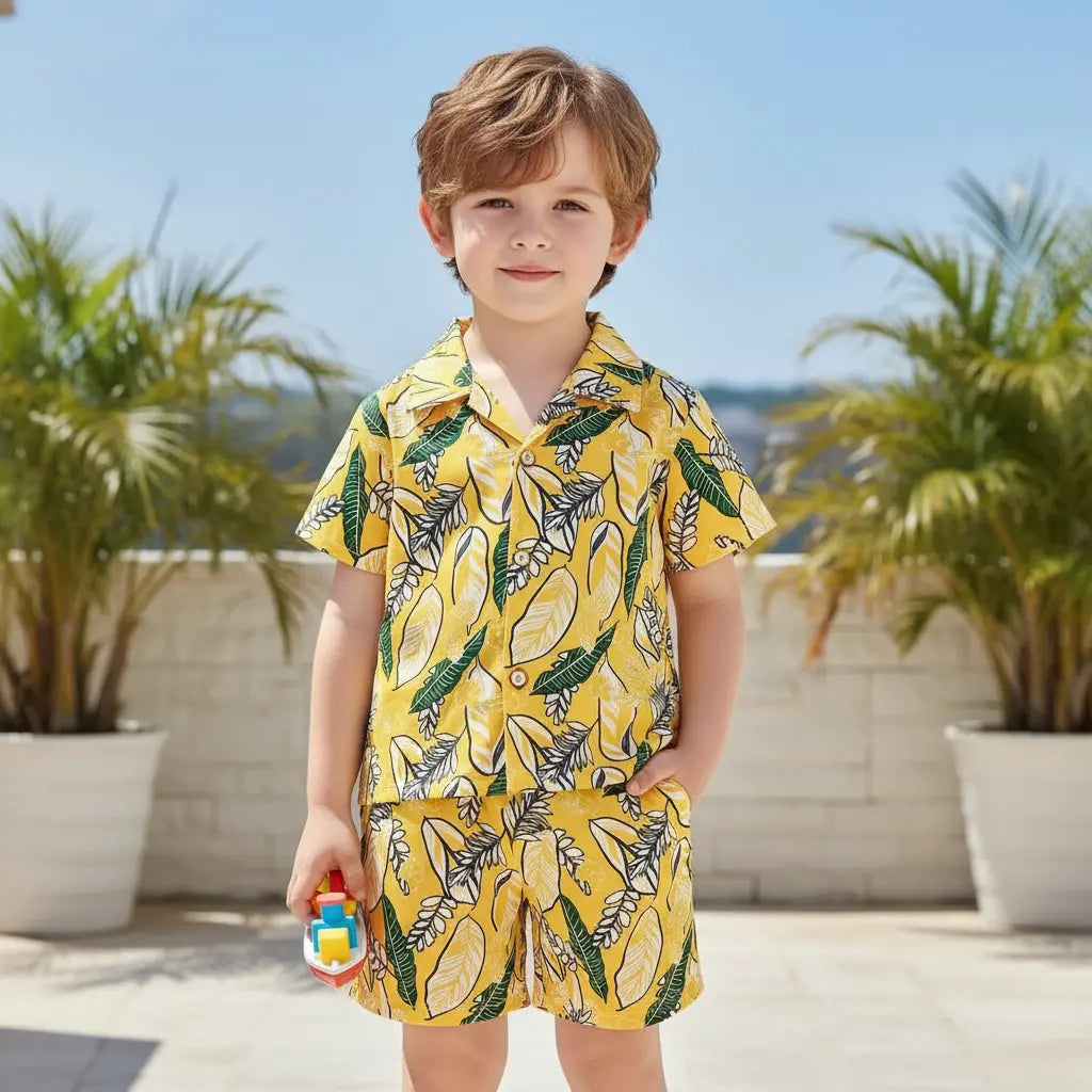 Boys Yellow Printed Shirt And Shorts Set