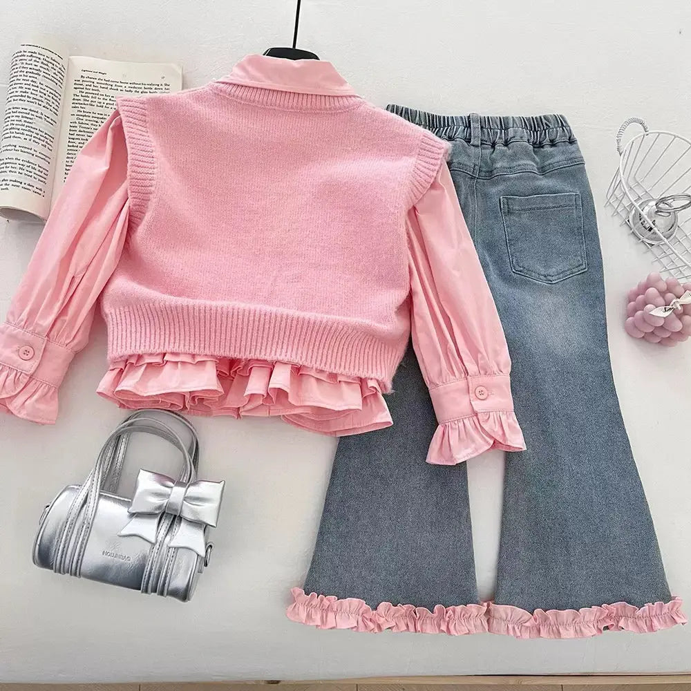Girls Party Wear Knit Top and Denim Bottom Set
