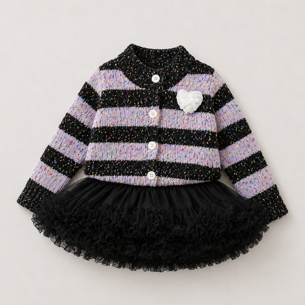 Girls Black Striped Sweater And Fluffy Skirt 2 Pcs Set