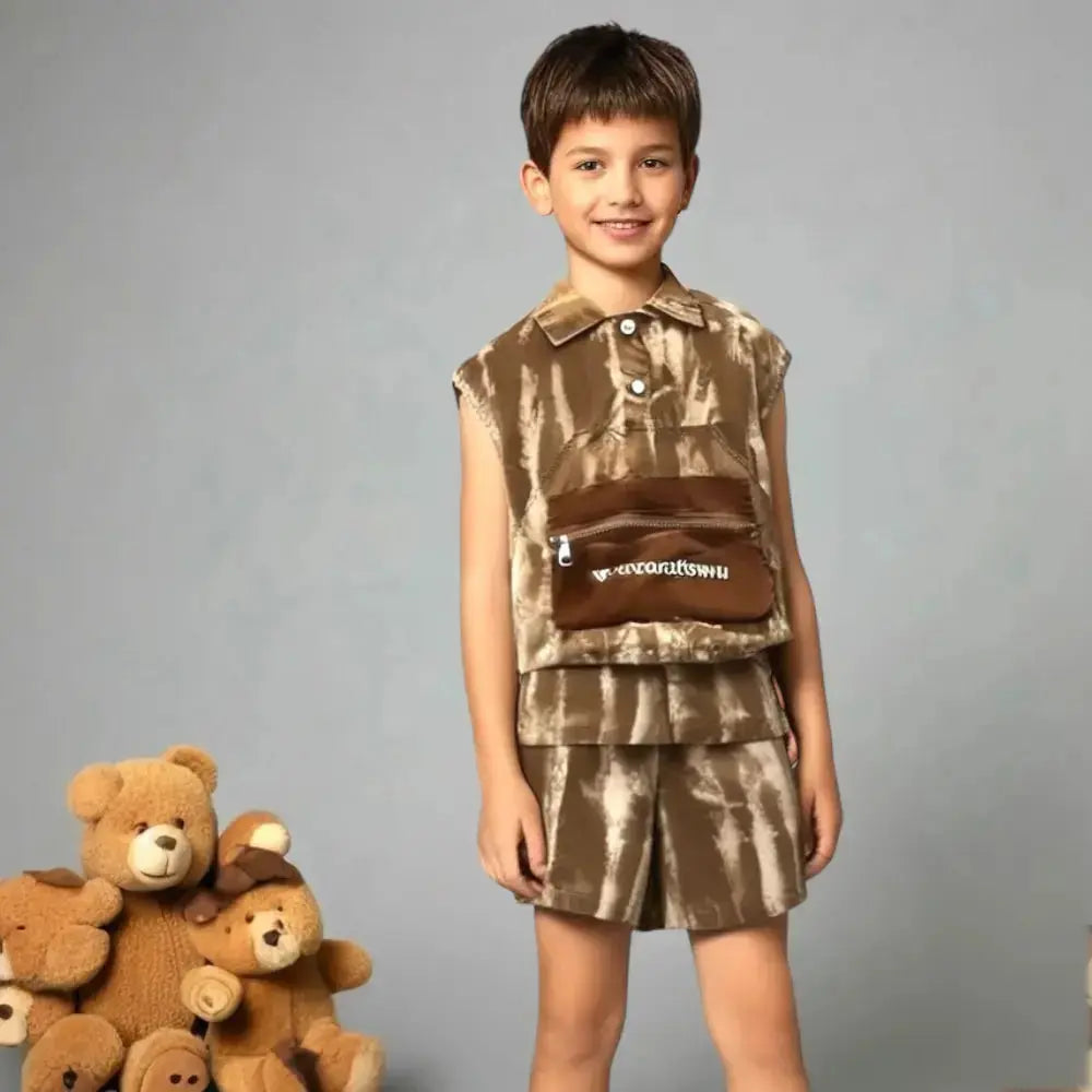 Boys Brown Sleeveless Shirt & Shorts Set with Zipper Pocket