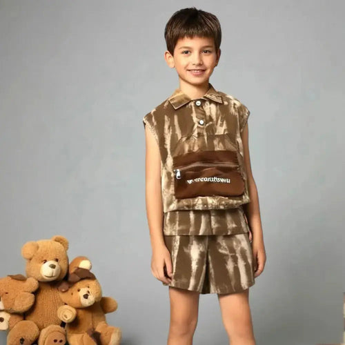 Boys Brown Sleeveless Shirt & Shorts Set with Zipper Pocket