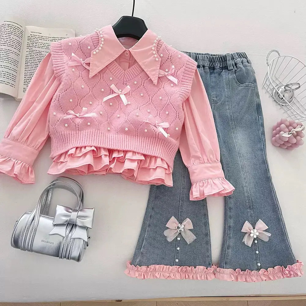 Girls Party Wear Knit Top and Denim Bottom Set