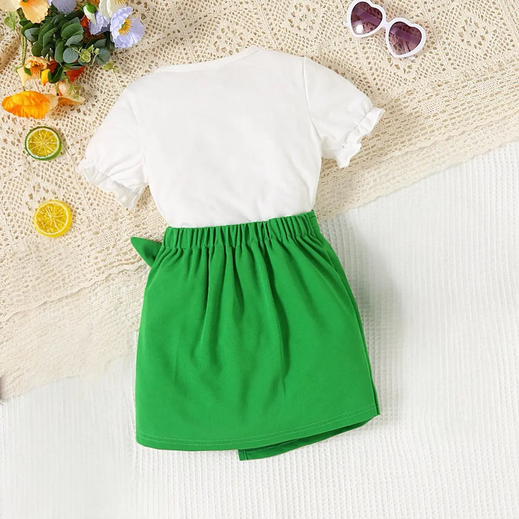 2-Piece Green Skirt And Printed Top Set For Girls