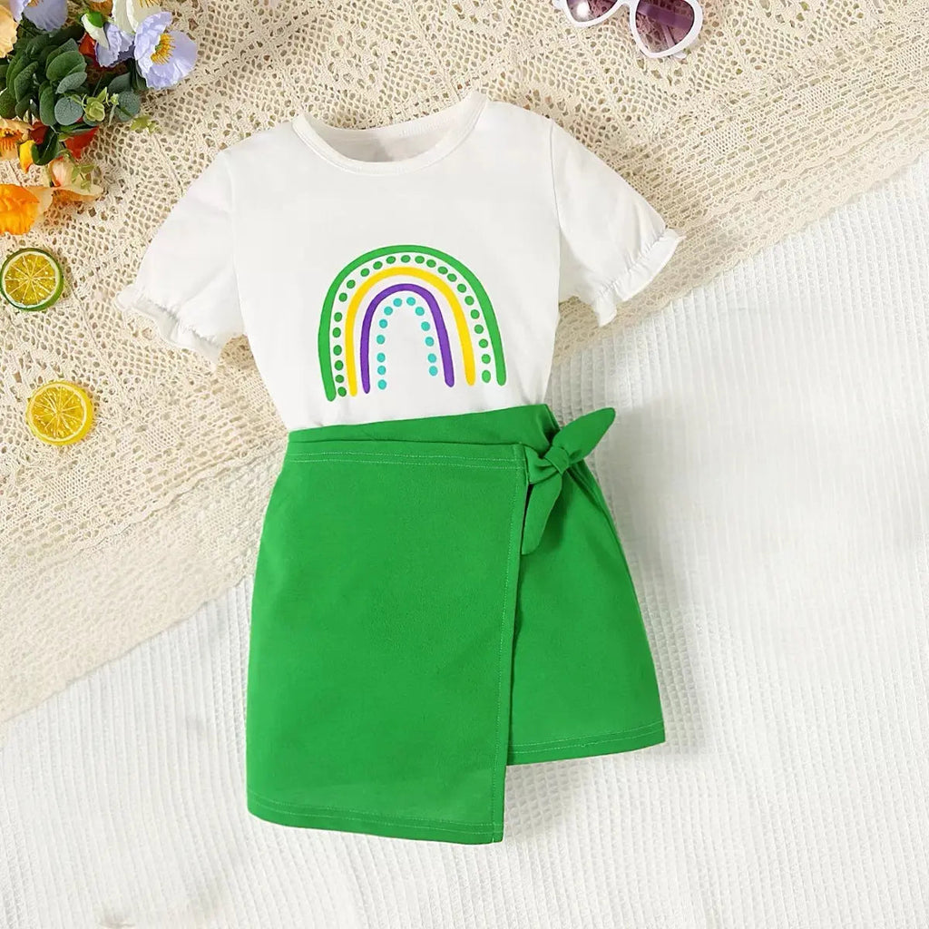 2-Piece Green Skirt And Printed Top Set For Girls