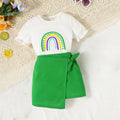 2-Piece Green Skirt And Printed Top Set For Girls