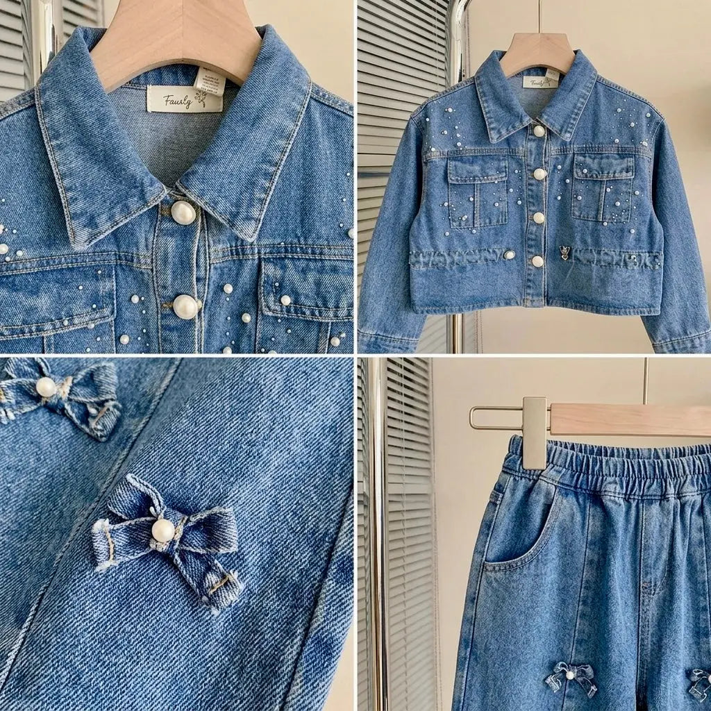 Girls Sequin-Studded Blue Denim Co-ord Set