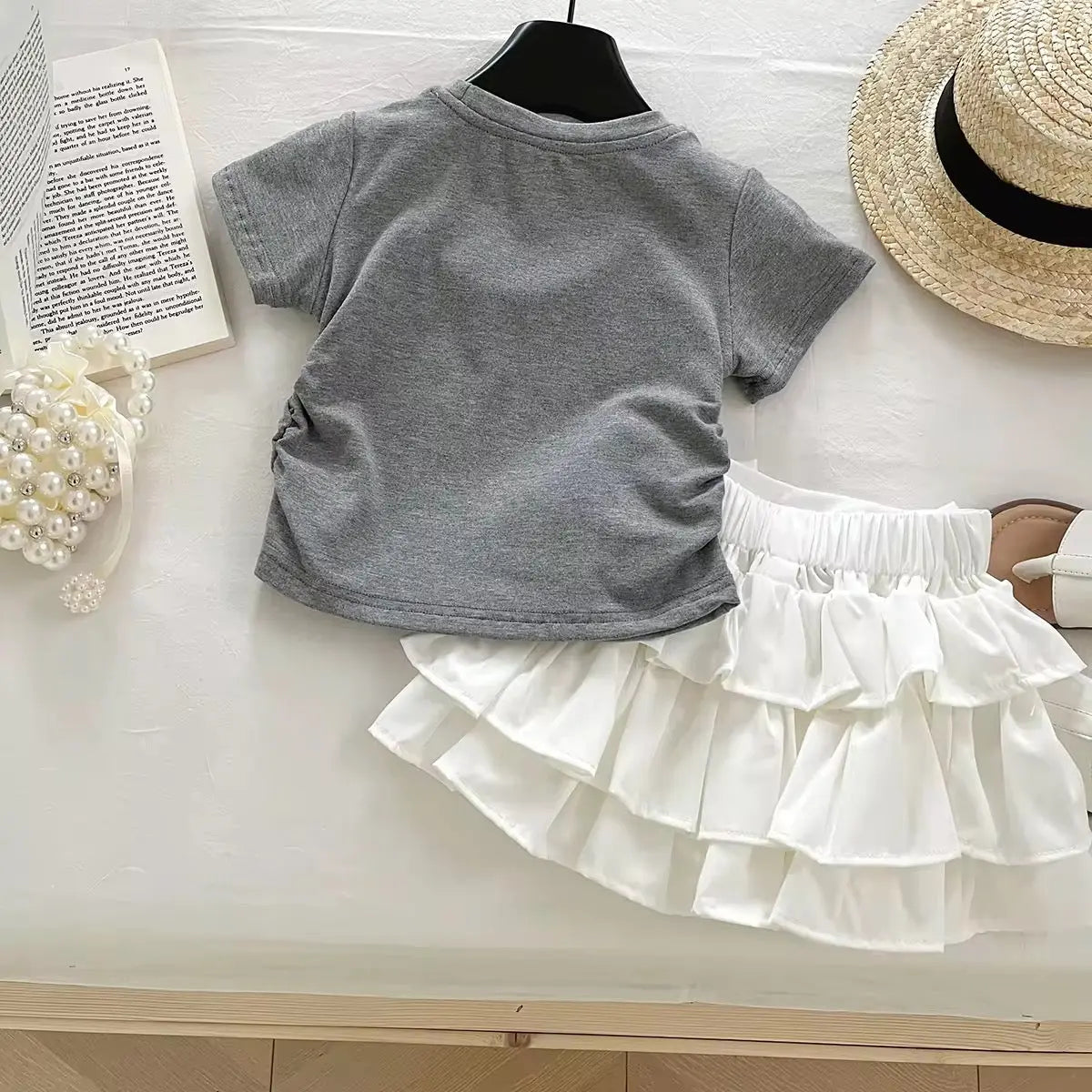 Girls Pearl-Detail Top And Skirt Set