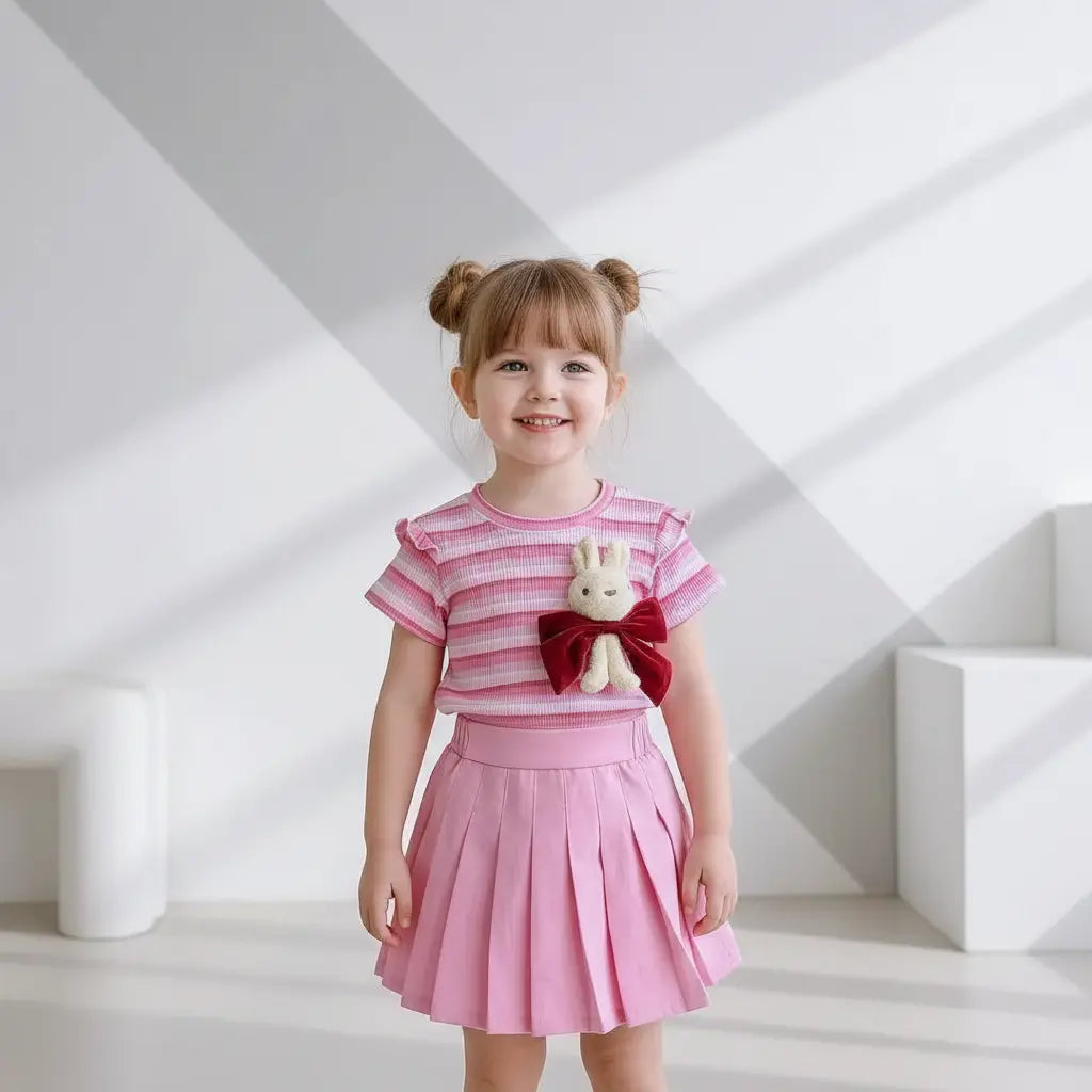Girls Striped Pink Top And Matching Skirt