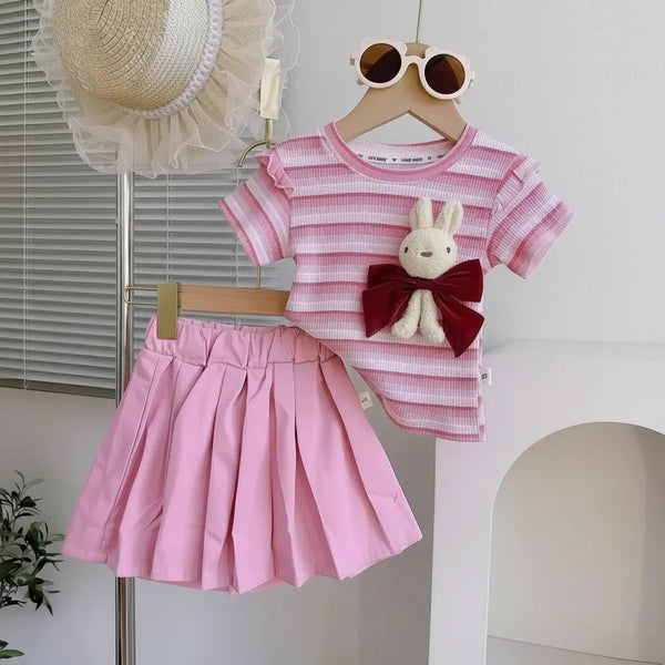 Girls Striped Pink Top And Matching Skirt