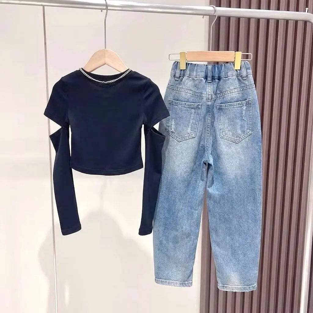 Girls Black Top And Wide-Fit Jeans