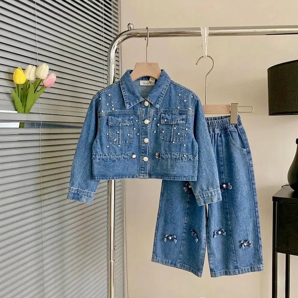 Girls Sequin-Studded Blue Denim Co-ord Set
