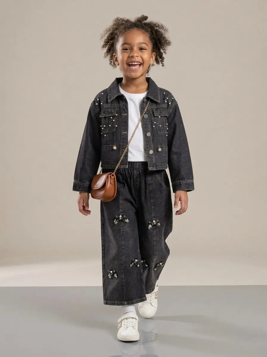 Girls Sequin-Studded Black Denim Co-ord Set