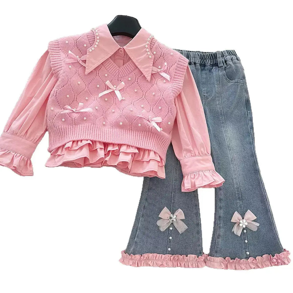 Girls Party Wear Knit Top and Denim Bottom Set