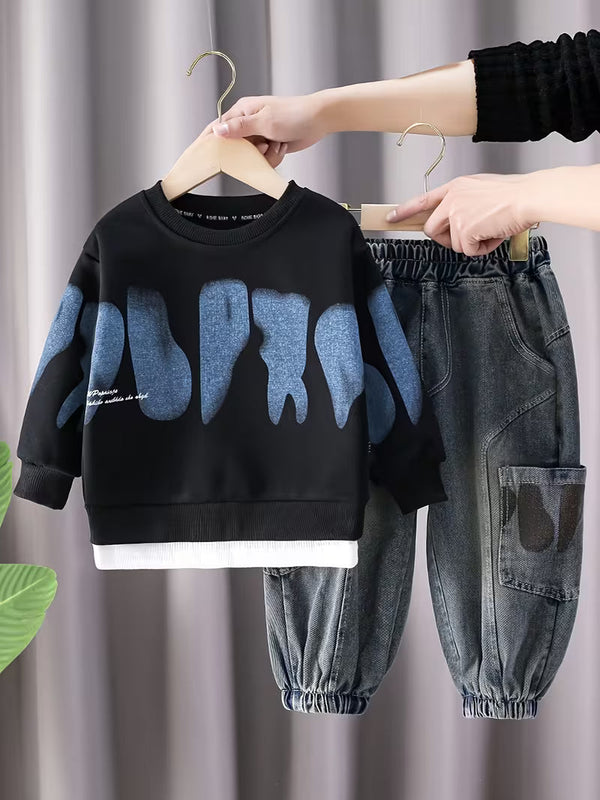 New Fashionable Boy Korean Style Denim Long Pants 2pcs Set