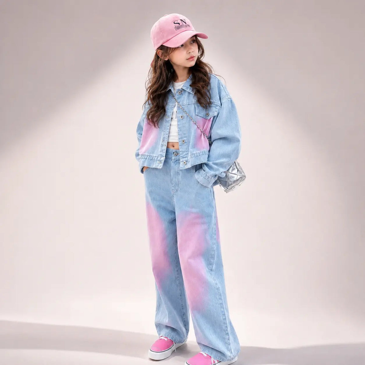 Girls Blue-Pink Denim Co-ord Set