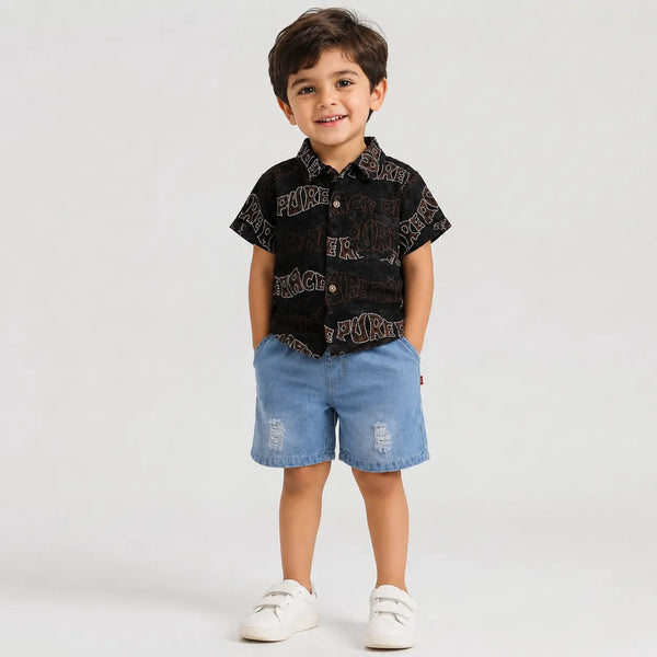 Boys Graphic Black Shirt & Ripped Shorts