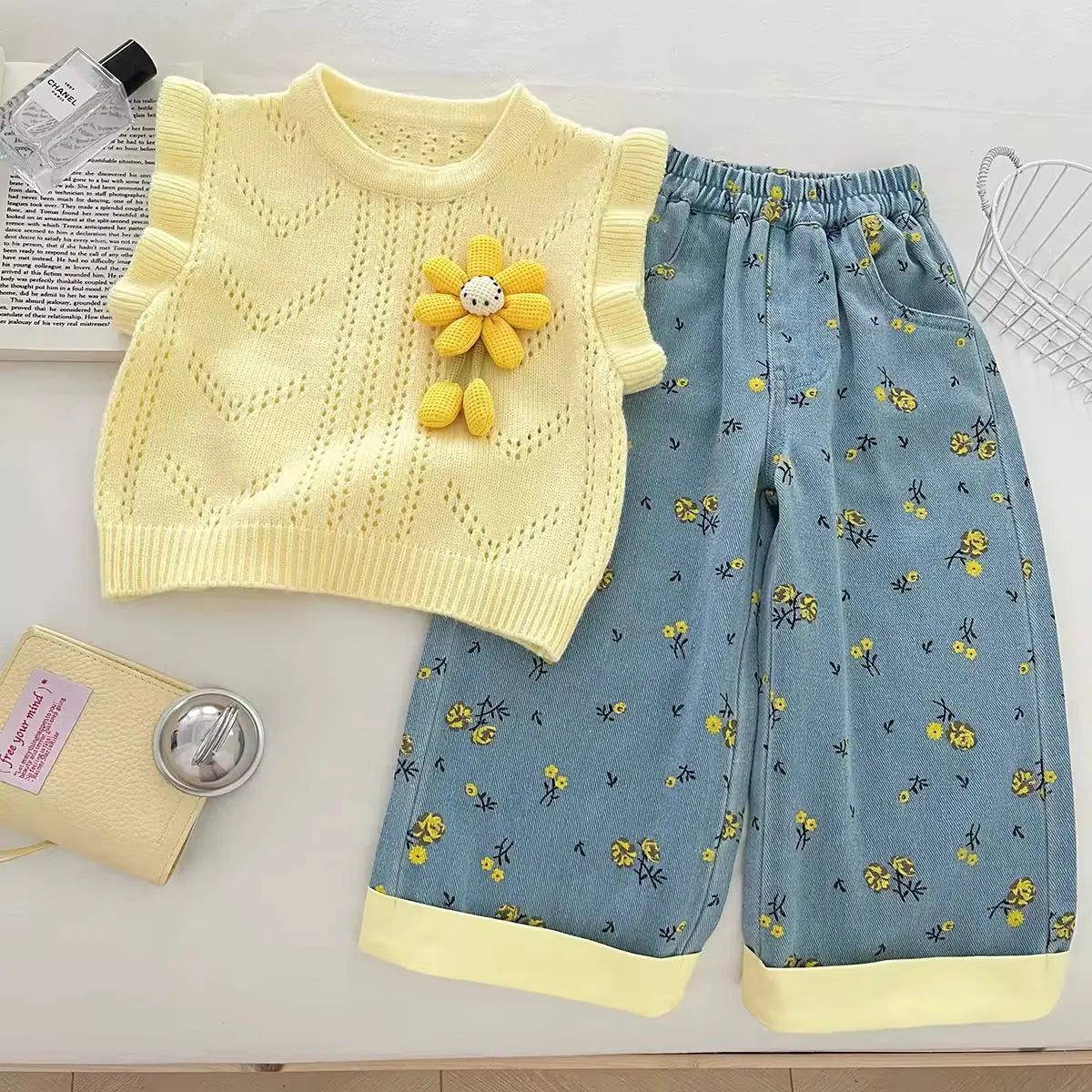 Girls Yellow Ruffle Top, knit Sweater And Printed Denim Pants.