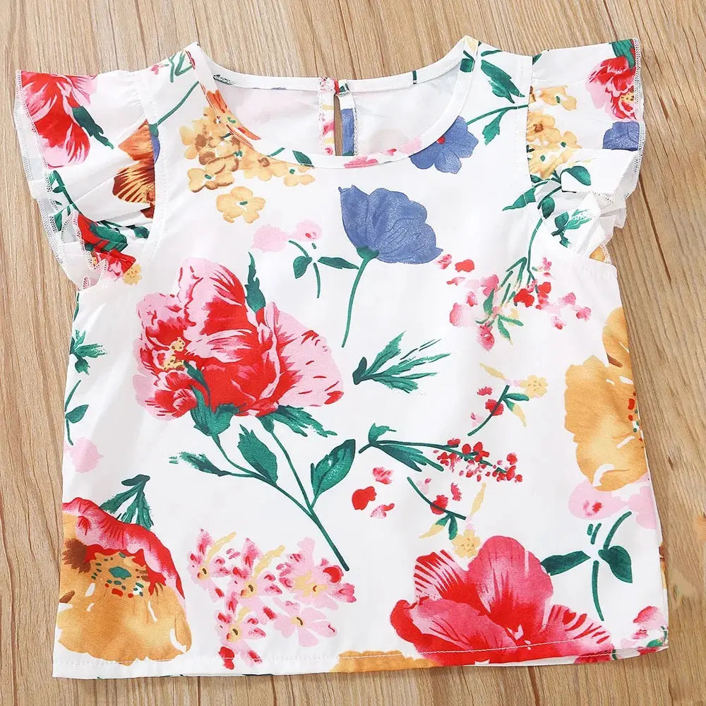 Girls Floral Top With Shorts And Belt Set