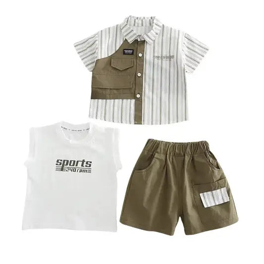 Boys Striped Shirt, Graphic T-shirt And Shorts Set