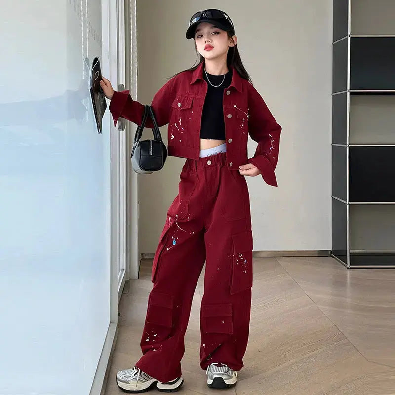 Girls Denim Maroon Co-ord Set