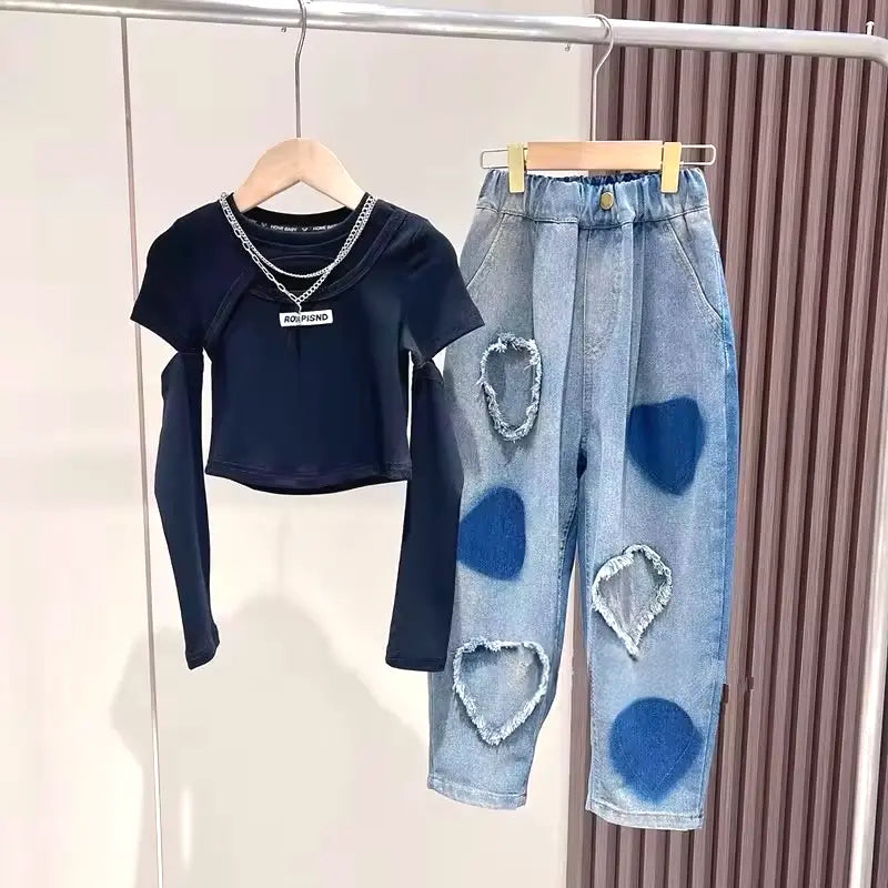 Girls Black Top And Wide-Fit Jeans
