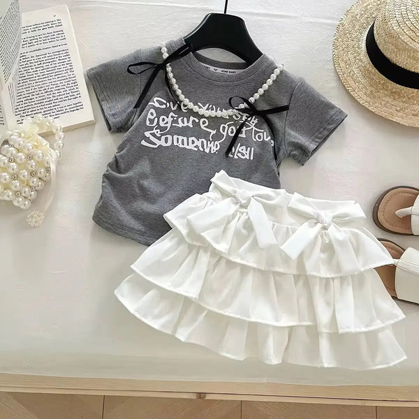Girls Pearl-Detail Top And Skirt Set