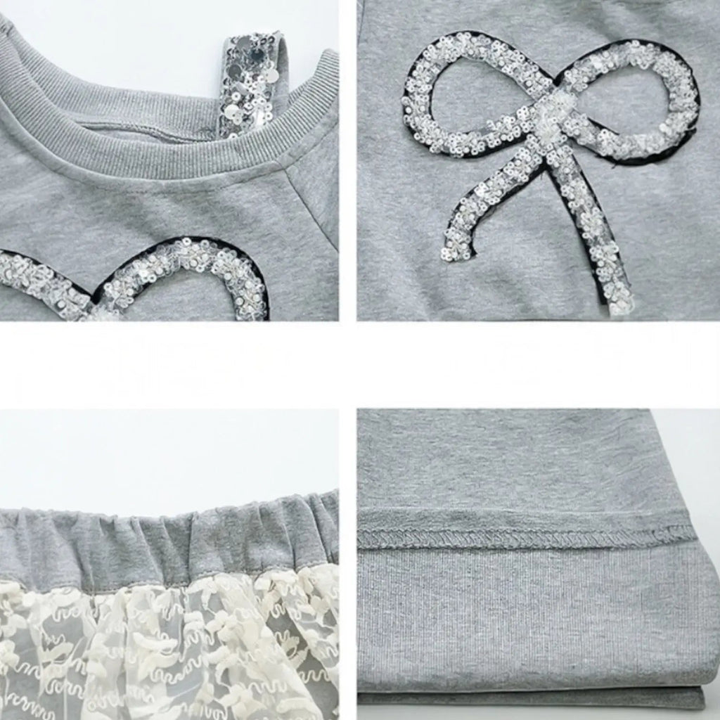 Girls Grey Bow Top With Lace Hem Matching Pants