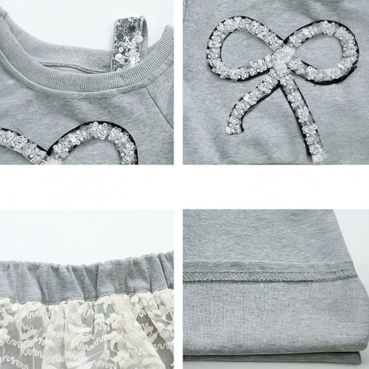Girls Grey Bow Top With Lace Hem Matching Pants