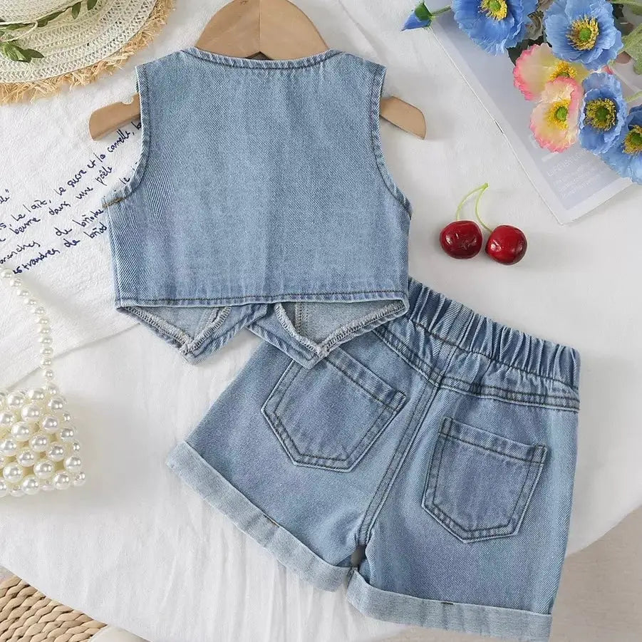 Girls Denim Vest and Shorts Set