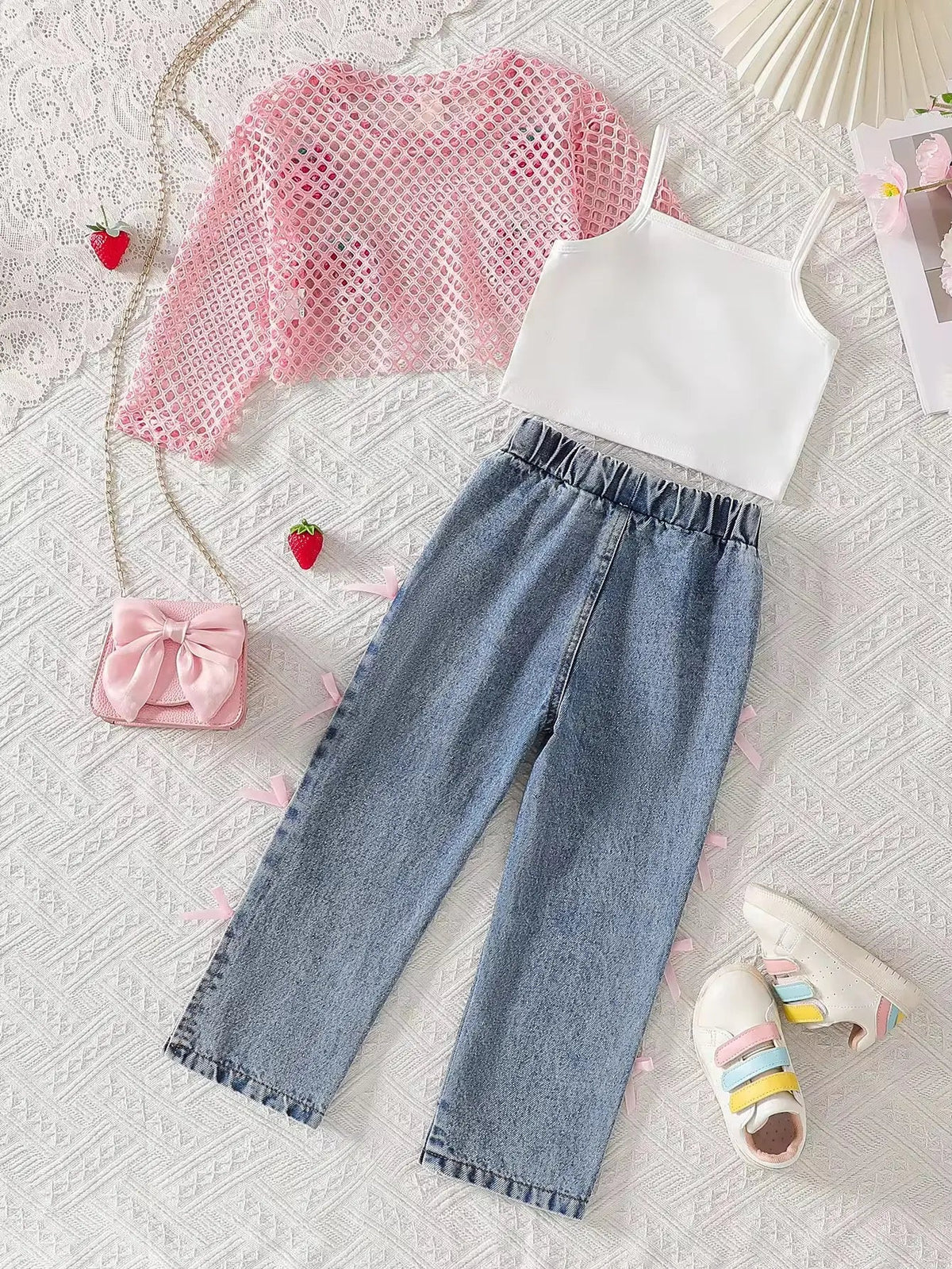 Girls Mesh Top With Bow Denim Pants Set