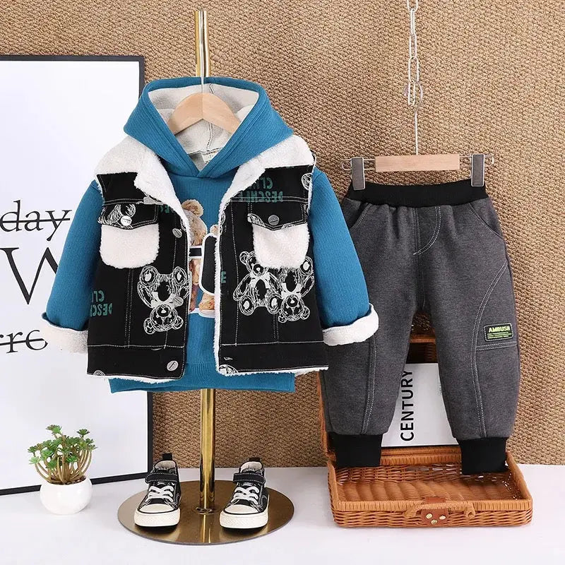 Boys Winter Outfit Denim Jacket Hoodie And Pants Set