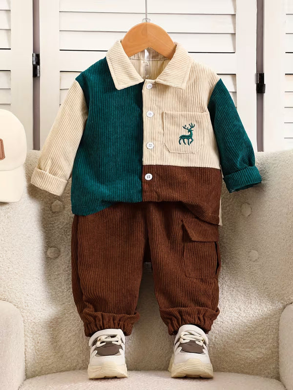 Fashion Patchwork Lapel Cardigan Button-Up Long Sleeve Top And Apricot Elastic Waist Long Pants