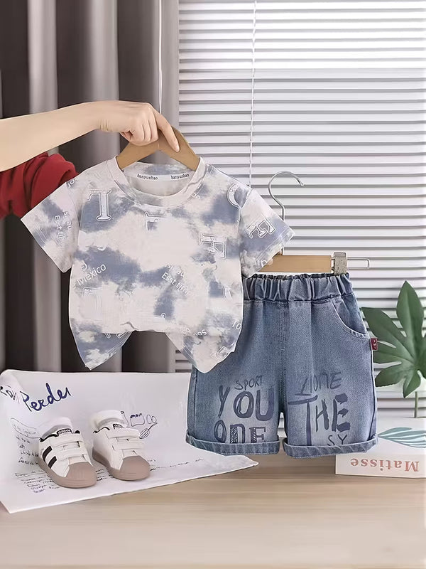 Outfit Set: 2pcs Short Sleeve T-Shirt + Denim Shorts