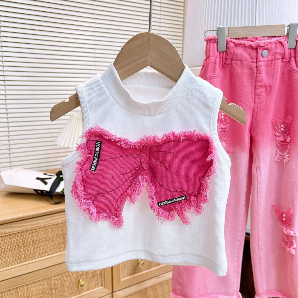 Girls Pink Bow Appliqué Top & Wide Fit Jeans Set