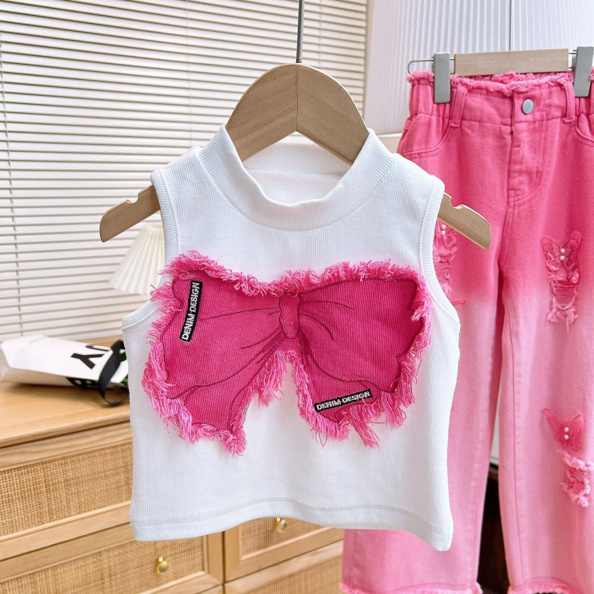 Girls Pink Bow Appliqué Top & Wide Fit Jeans Set