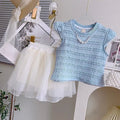 Girls Elegant Pearl Knit & Layered Skirt Set