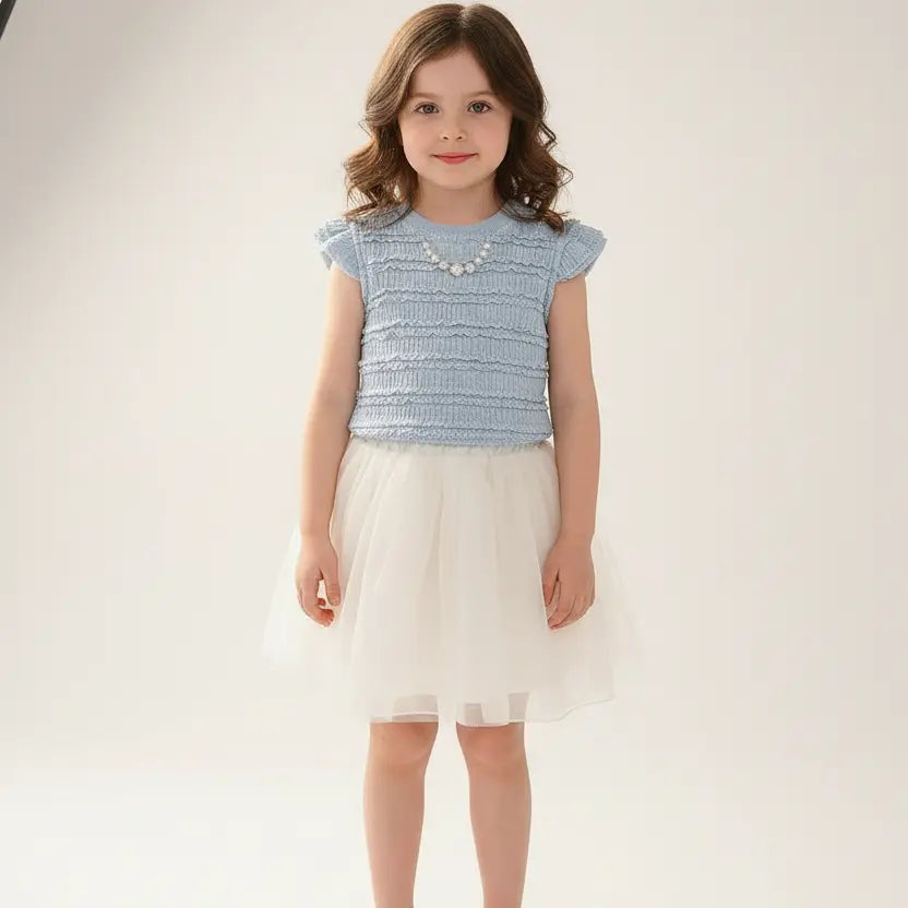 Girls Elegant Pearl Knit & Layered Skirt Set