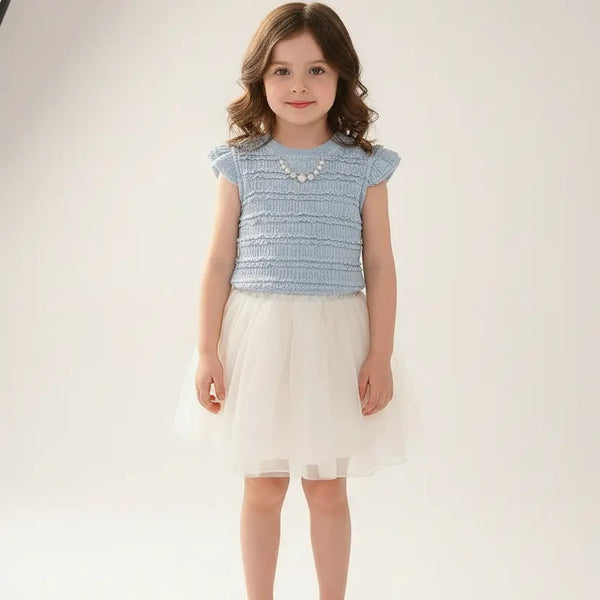 Girls Elegant Pearl Knit & Layered Skirt Set