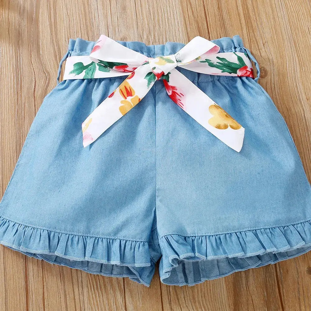 Girls Floral Top With Shorts And Belt Set