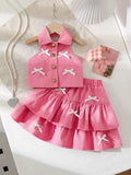 Girls Pink Bow Detail Sleeveless Top & Layered Ruffle Skirt Set