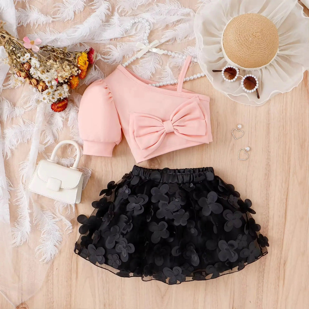 Blush Bow Top & 3D Floral Skirt Co-ord Set for Girls