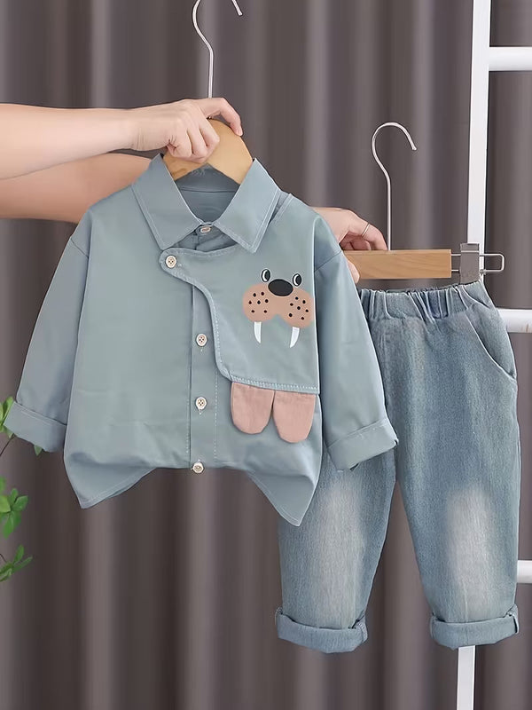Boys' Lapel Cartoon Long-Sleeved Shirt Two-Piece Set