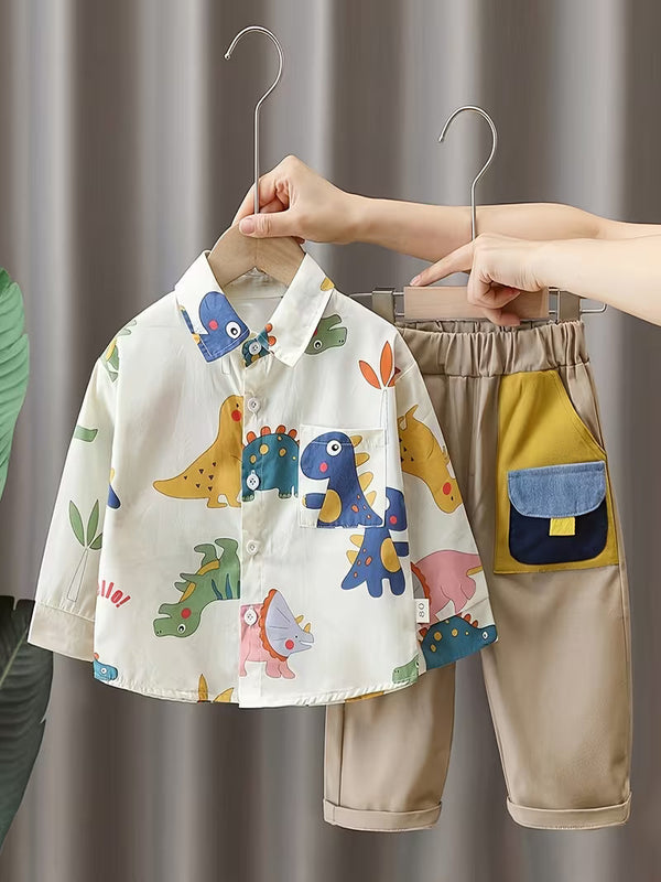 Children's Dinosaur Print Long Sleeve Shirt and Overalls Two-Piece Set