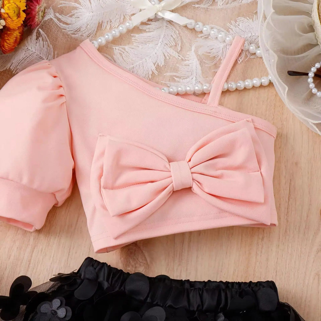 Blush Bow Top & 3D Floral Skirt Co-ord Set for Girls
