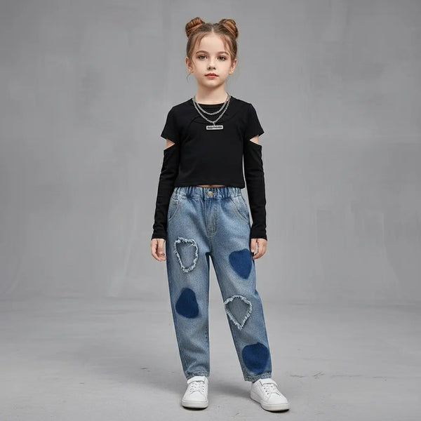 Girls Black Top And Wide-Fit Jeans