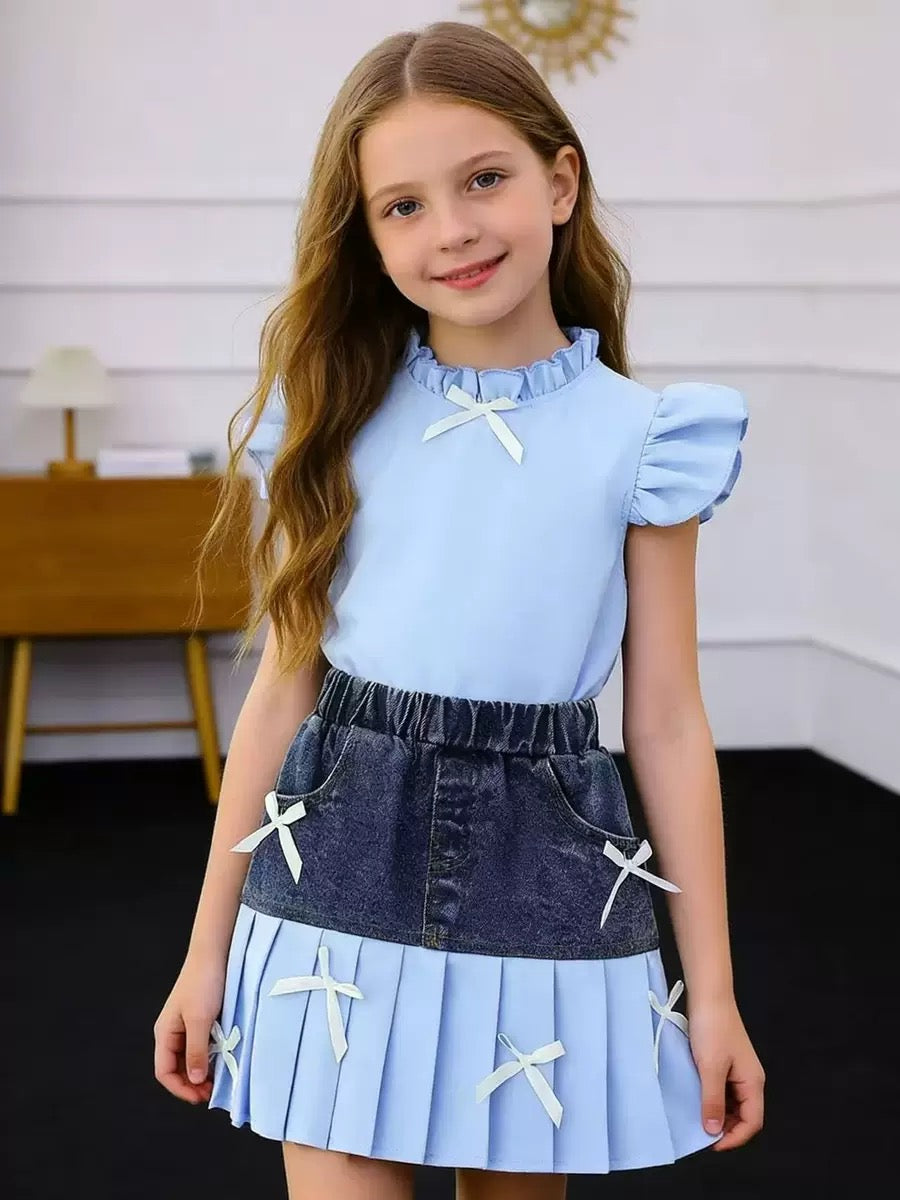 Girls Blue Bow Detail Top & Skirt