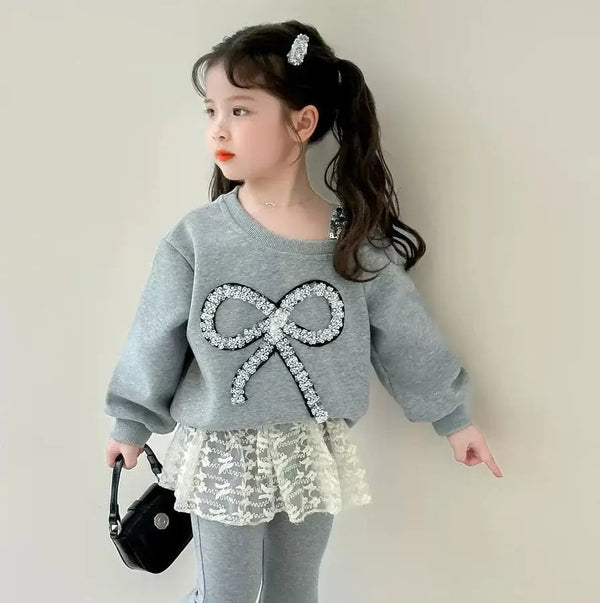 Girls Grey Bow Top With Lace Hem Matching Pants